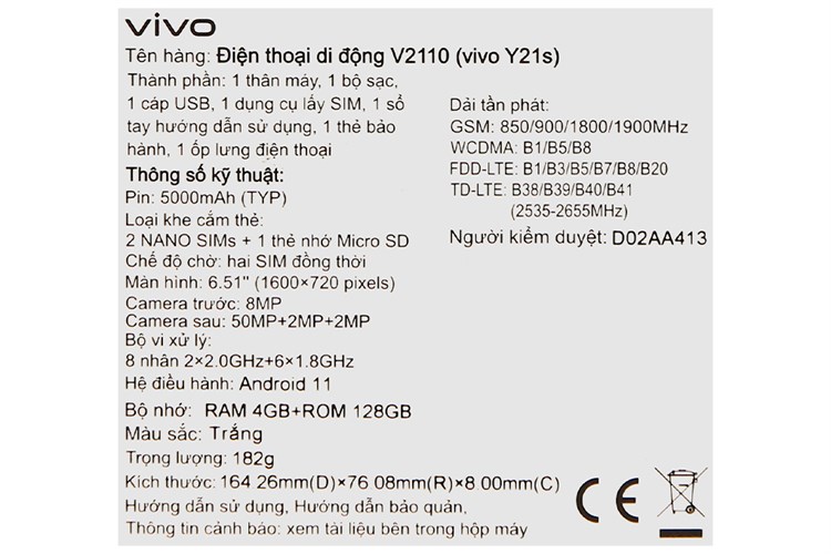 Điện thoại vivo Y21s 4GB Màu Trắng
