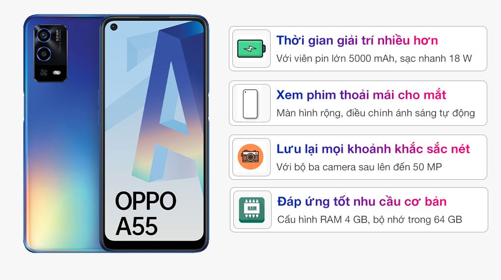 OPPO A55 chính hãng giảm 300.000đ - Bạn muốn có trong tay một chiếc điện thoại mới nhưng giá cả lại quan trọng đối với bạn? Hãy bỏ qua các sản phẩm điện thoại khác vì Oppo A55 đang giảm giá 300.000đ và đang là một sự lựa chọn tuyệt vời với nhiều tính năng ưu việt.