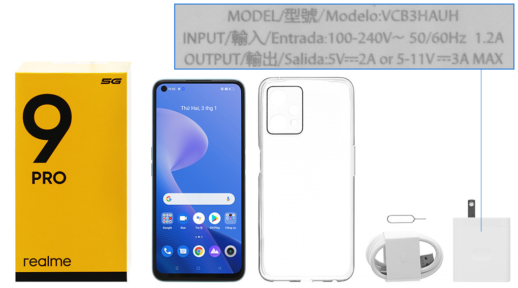 Bộ sản phẩm gồm: Hộp, Sách hướng dẫn, Cây lấy sim, Ốp lưng, Cáp Type C, Củ sạc nhanh rời đầu Type A