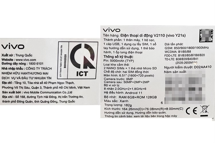 Điện thoại vivo Y21s 6GB Màu Xanh