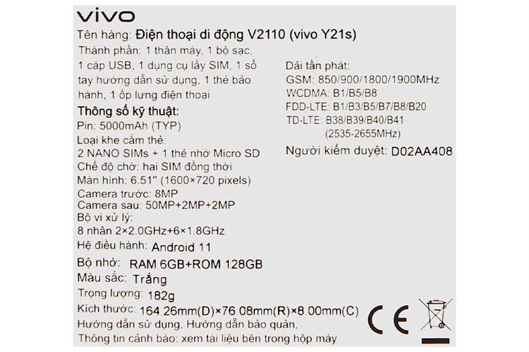 Điện thoại vivo Y21s 6GB Màu Trắng