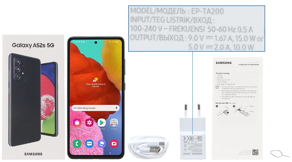 Bộ sản phẩm gồm: Hộp, Sạc, Sách hướng dẫn, Cáp Type C, Củ sạc nhanh rời đầu Type A