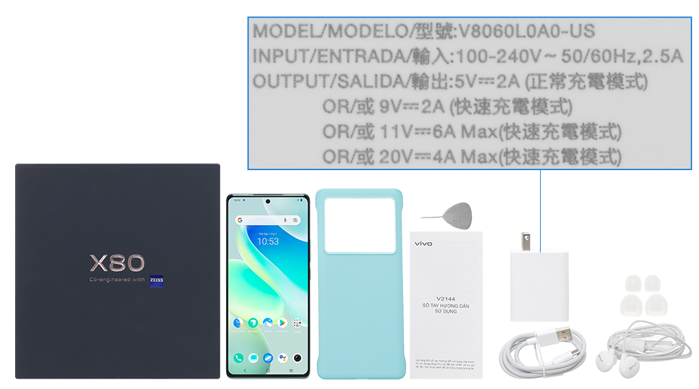 Bộ sản phẩm gồm: Hộp, Sách hướng dẫn, Cây lấy sim, Ốp lưng, Cáp Type C, Củ sạc nhanh rời đầu Type A, Tai nghe dây