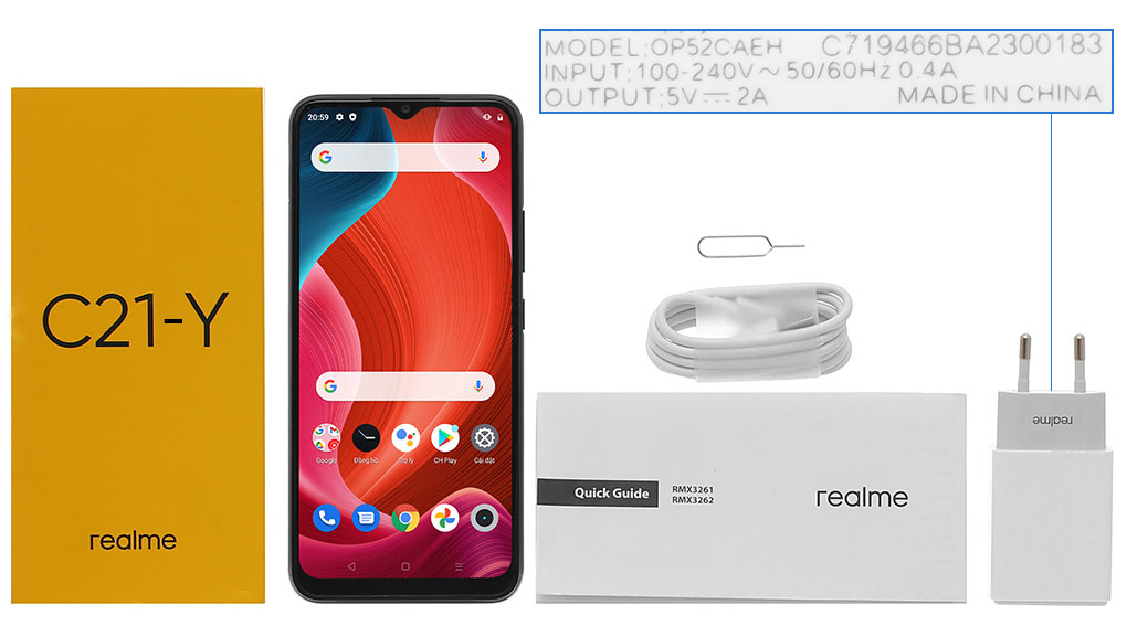 Bộ sản phẩm gồm: Hộp, Sách hướng dẫn, Cây lấy sim, Cáp microUSB, Củ sạc rời đầu Type A