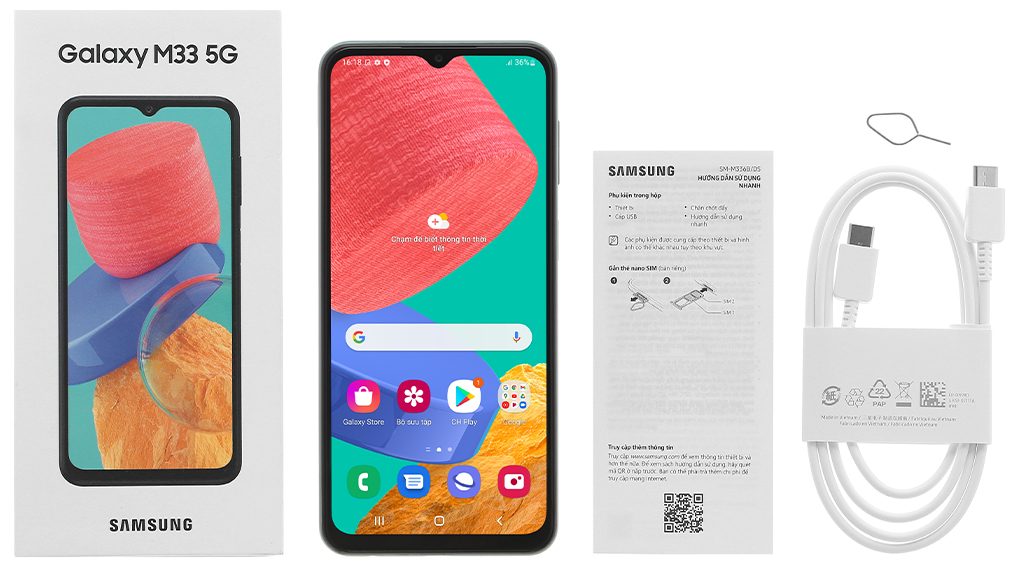 Bộ sản phẩm gồm: Hộp, Sách hướng dẫn, Cây lấy sim, Cáp Type C