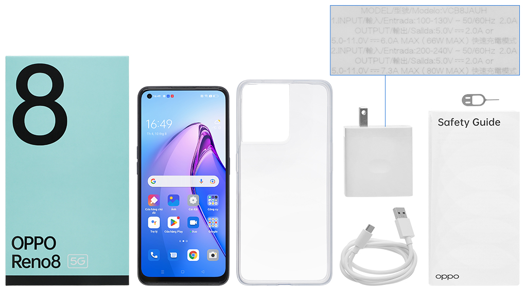 Bộ sản phẩm gồm: Hộp, Sách hướng dẫn, Cây lấy sim, Ốp lưng, Cáp Type C, Củ sạc nhanh Type C