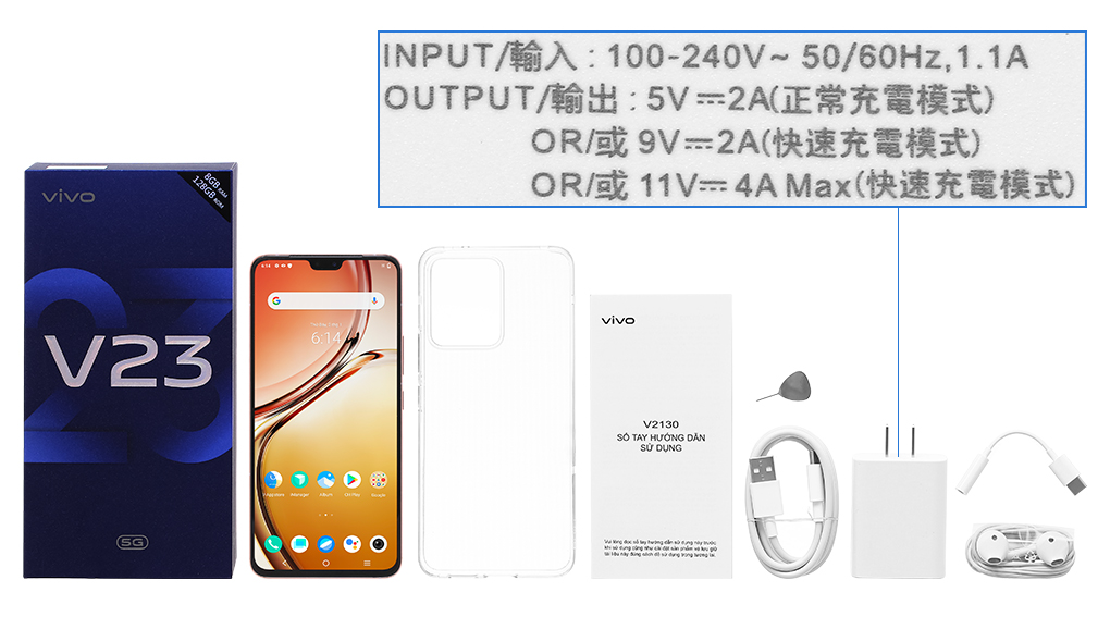 Bộ sản phẩm gồm: Hộp, Sách hướng dẫn, Jack chuyển tai nghe 3.5mm, Cây lấy sim, Ốp lưng, Cáp Type C, Củ sạc nhanh rời đầu Type A, Tai nghe dây