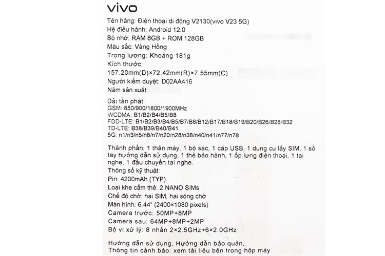 Điện thoại Vivo V23 5G Màu Vàng