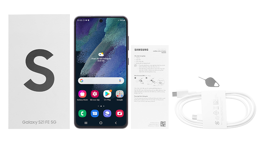 Bộ sản phẩm gồm: Hộp, Sách hướng dẫn, Cây lấy sim, Cáp Type C