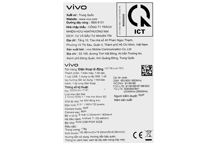 Điện thoại vivo Y01 Màu Đen