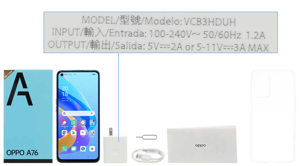 Bộ sản phẩm gồm: Hộp, Sách hướng dẫn, Cây lấy sim, Ốp lưng, Cáp Type C, Củ sạc nhanh rời đầu Type A