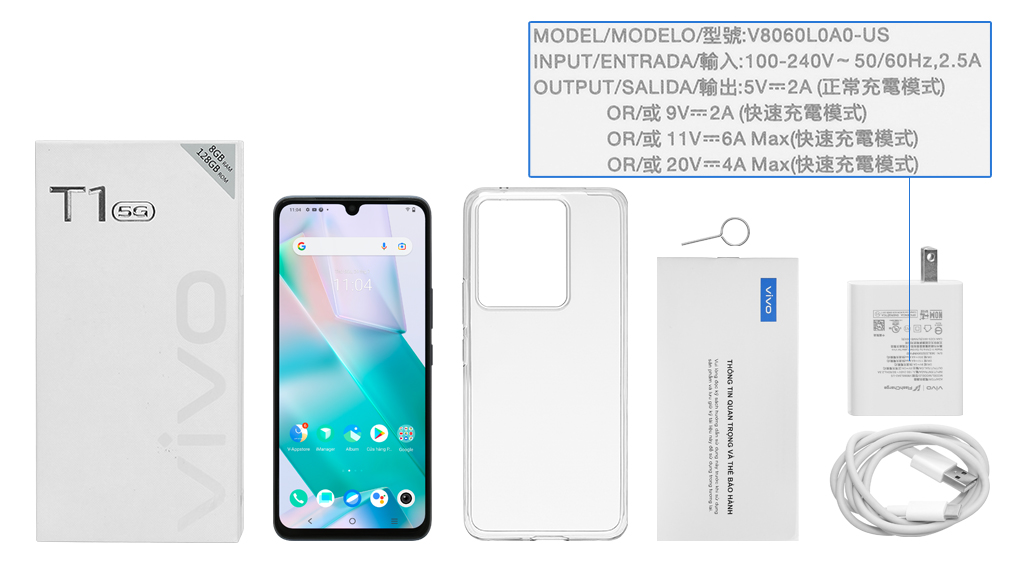Bộ sản phẩm gồm: Hộp, Sách hướng dẫn, Cây lấy sim, Ốp lưng, Cáp Type C, Củ sạc nhanh rời đầu Type A