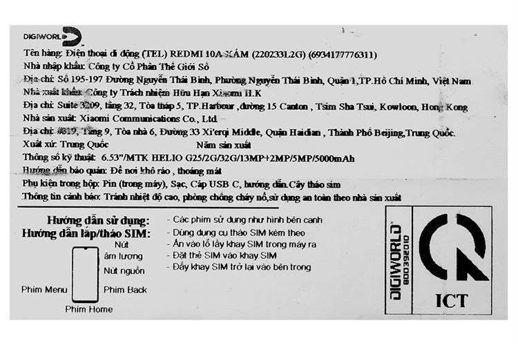 Điện thoại Xiaomi Redmi 10A Màu Xám