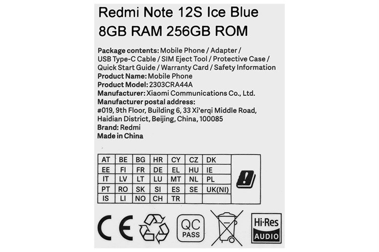 Điện thoại Xiaomi Redmi Note 12S Màu Xanh Dương