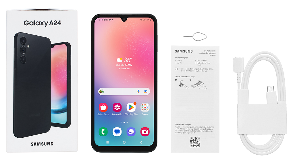 Bộ sản phẩm gồm: Hộp, Sách hướng dẫn, Cây lấy sim, Cáp Type C