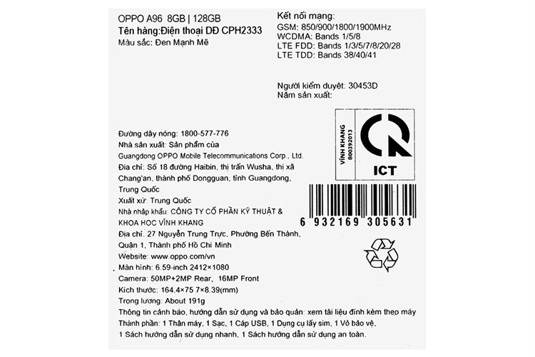 Điện thoại OPPO A96 Màu Đen