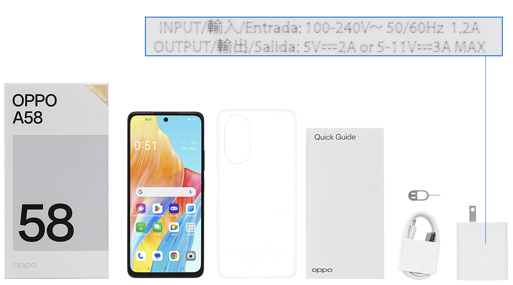 Bộ sản phẩm gồm: Hộp, Sách hướng dẫn, Cây lấy sim, Ốp lưng, Cáp Type C, Củ sạc nhanh rời đầu Type A