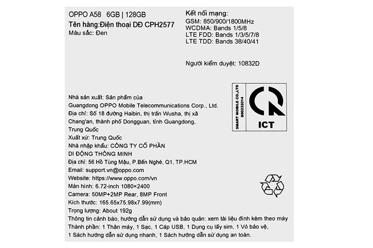 Điện thoại OPPO A58 6GB/128GB Màu Đen