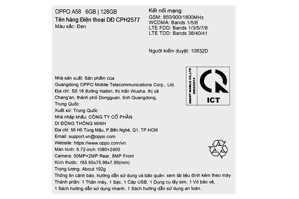 Điện thoại OPPO A58 6GB/128GB Màu Đen
