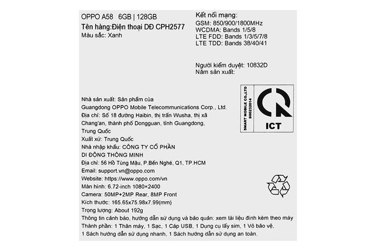 Điện thoại OPPO A58 6GB/128GB Màu Xanh ngọc