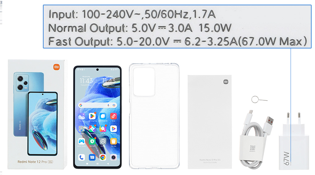 Bộ sản phẩm gồm: Hộp, Sách hướng dẫn, Cây lấy sim, Ốp lưng, Cáp Type C, Củ sạc nhanh rời đầu Type A