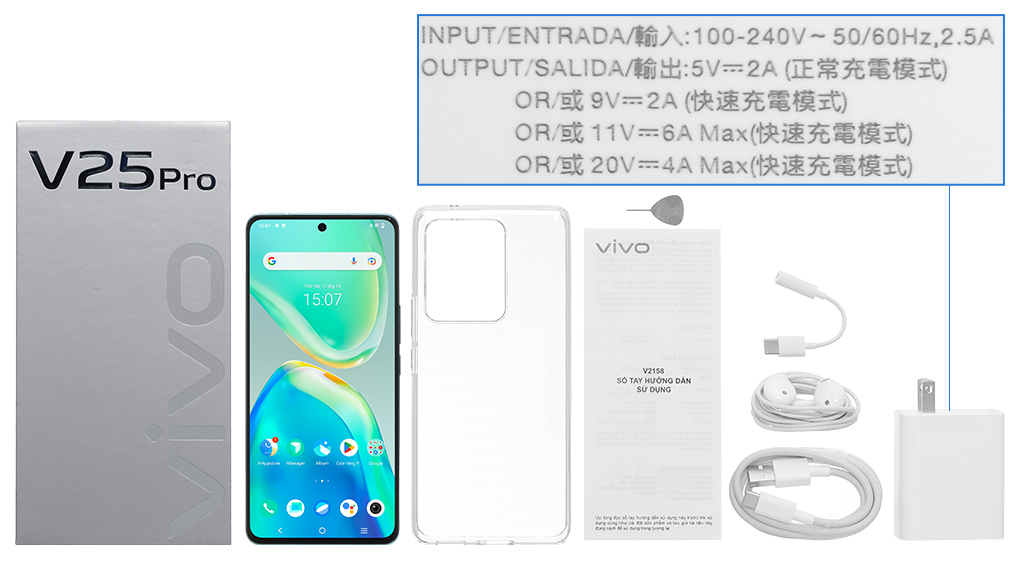 Bộ sản phẩm gồm: Hộp, Sách hướng dẫn, Jack chuyển tai nghe 3.5mm, Cây lấy sim, Ốp lưng, Cáp Type C, Tai nghe dây, Củ sạc nhanh Type C