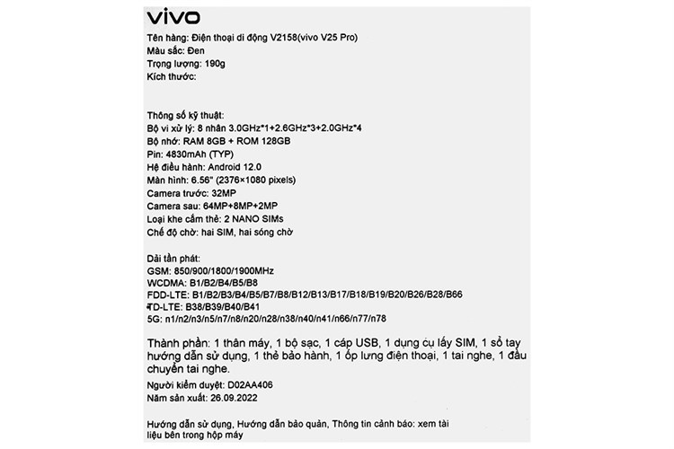 Điện thoại vivo V25 Pro 5G Màu Đen