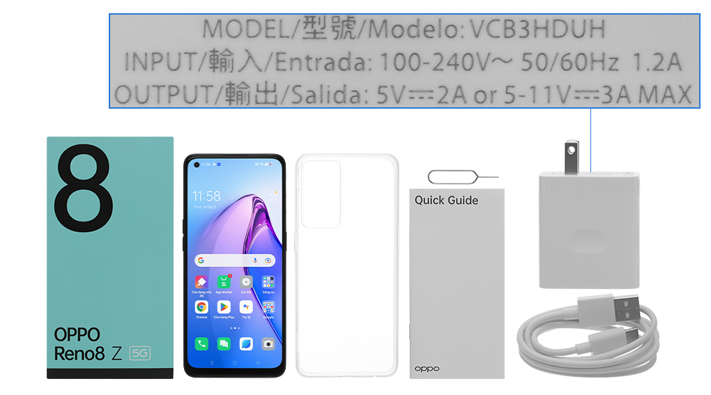 Bộ sản phẩm gồm: Hộp, Sách hướng dẫn, Cây lấy sim, Ốp lưng, Cáp Type C, Củ sạc nhanh Type C