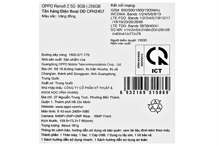 Điện thoại OPPO Reno8 Z 5G Màu Vàng