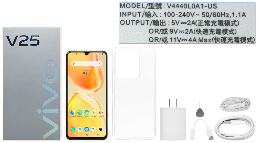 Bộ sản phẩm gồm: Hộp, Sách hướng dẫn, Jack chuyển tai nghe 3.5mm, Cây lấy sim, Ốp lưng, Cáp Type C, Củ sạc rời đầu Type A, Tai nghe dây