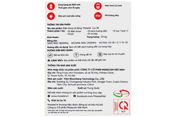 Điện thoại Masstel Lux 20 Màu Bạc