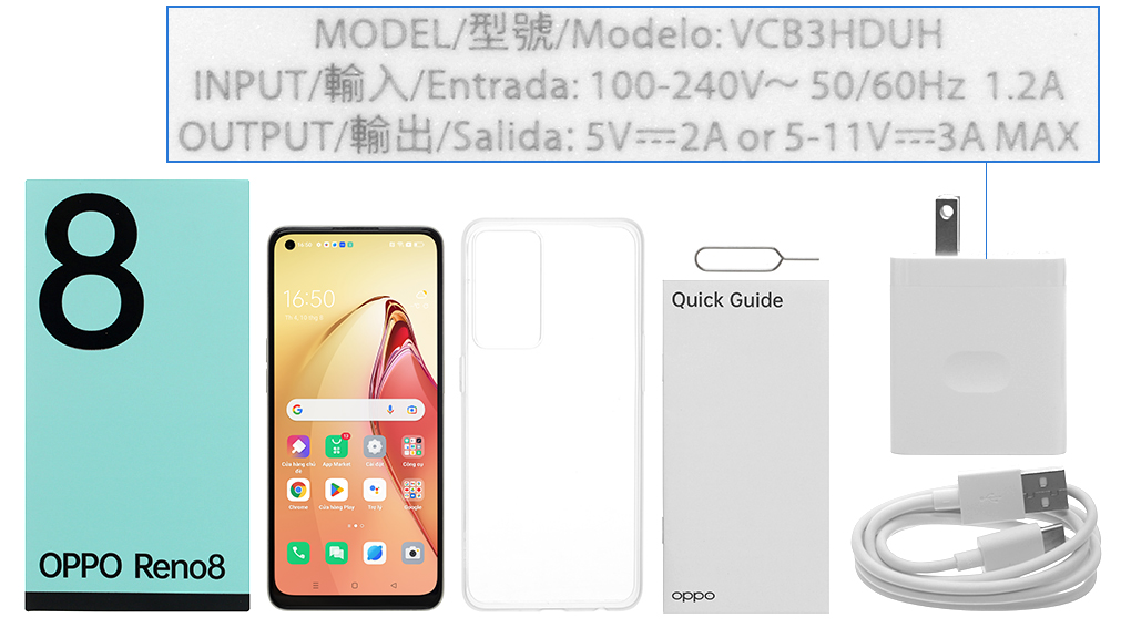 Bộ sản phẩm gồm: Hộp, Sách hướng dẫn, Cây lấy sim, Ốp lưng, Cáp Type C, Củ sạc nhanh Type C