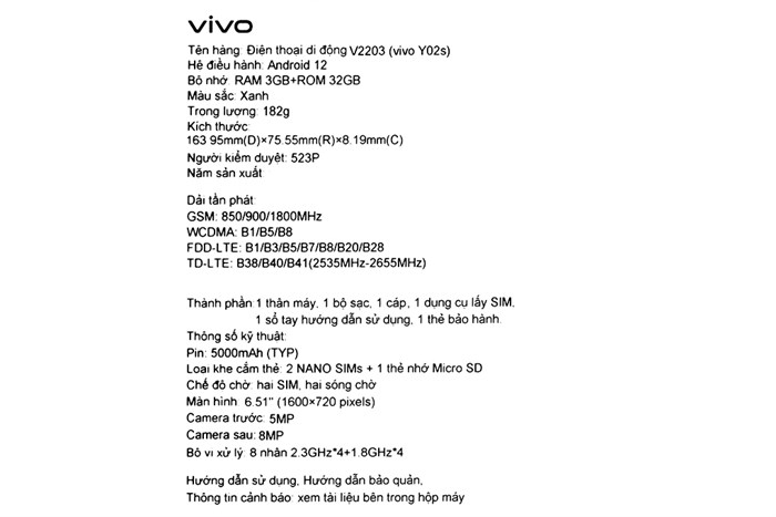 Điện thoại vivo Y02s 32GB Màu Xanh