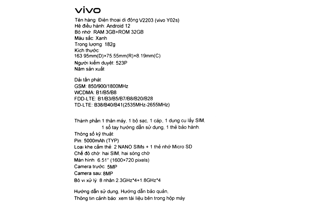 Điện thoại vivo Y02s 32GB Màu Xanh