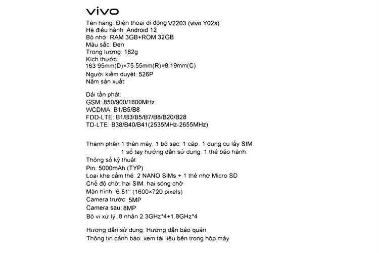 Điện thoại vivo Y02s 32GB Màu Đen