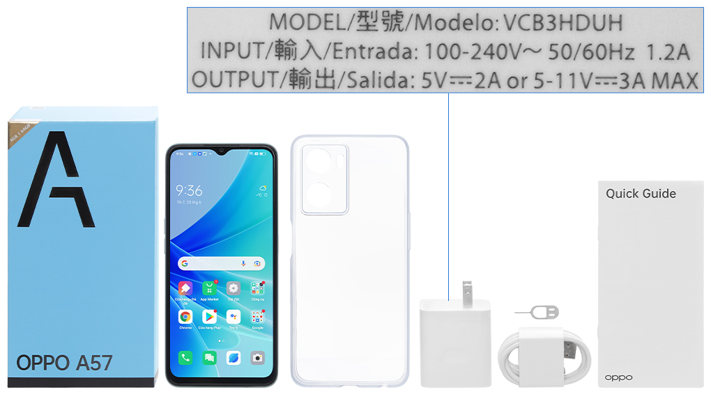 Bộ sản phẩm gồm: Hộp, Sách hướng dẫn, Cây lấy sim, Ốp lưng, Cáp Type C, Củ sạc nhanh rời đầu Type A