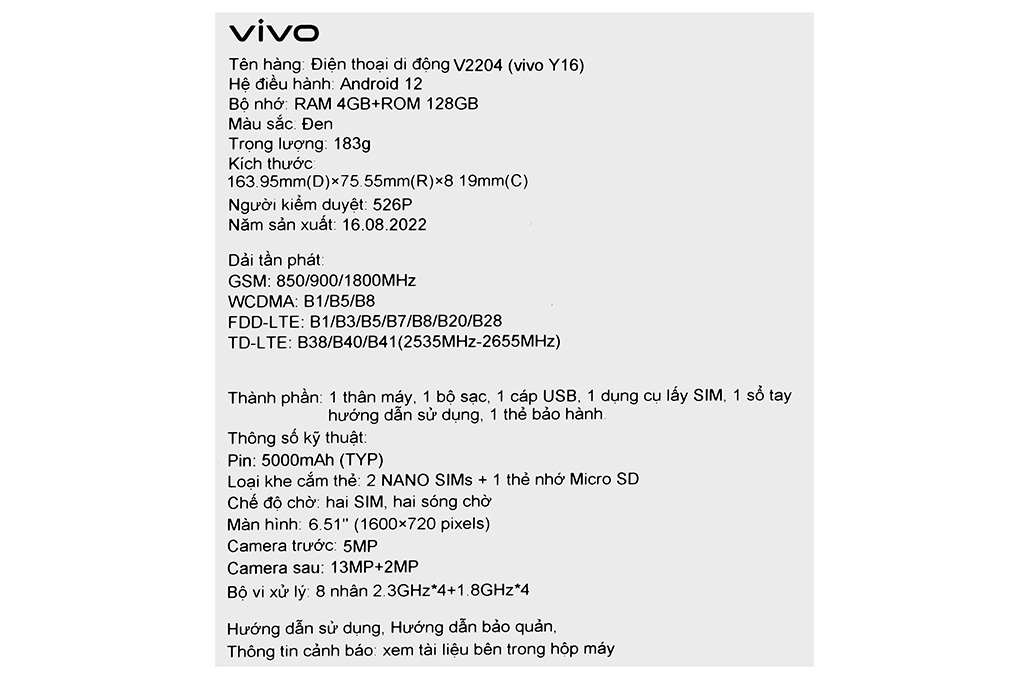 Điện thoại vivo Y16 128GB Màu Đen