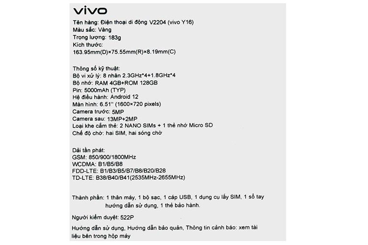 Điện thoại vivo Y16 128GB Màu Vàng