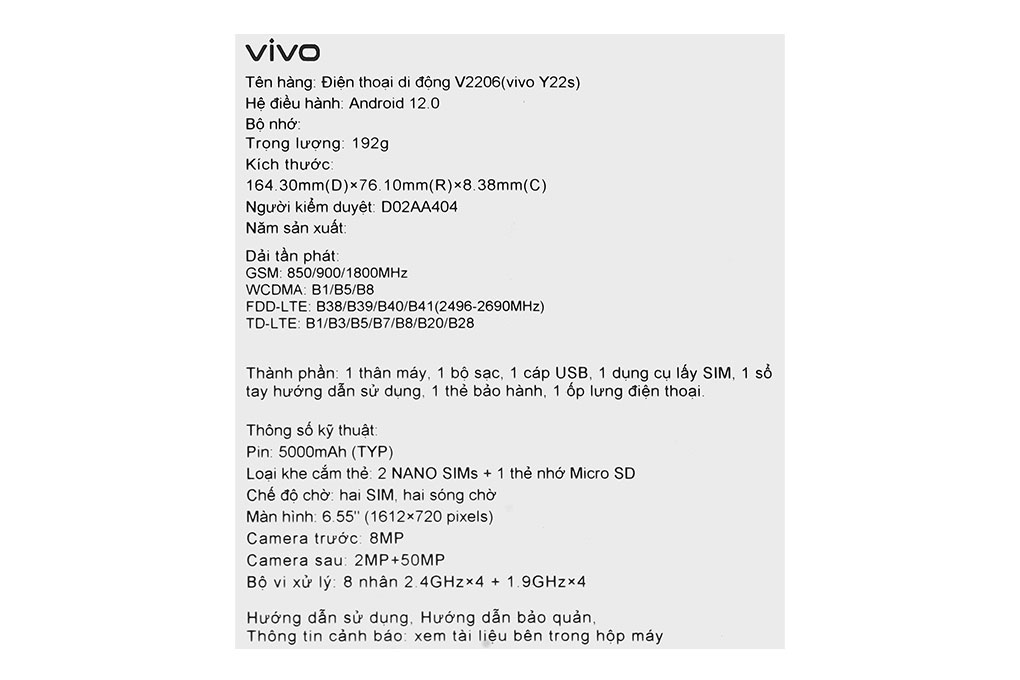 Điện thoại vivo Y22s 8GB Màu Xanh