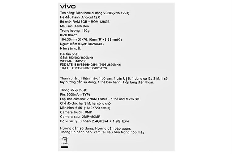 Điện thoại vivo Y22s 8GB Màu Xanh đen