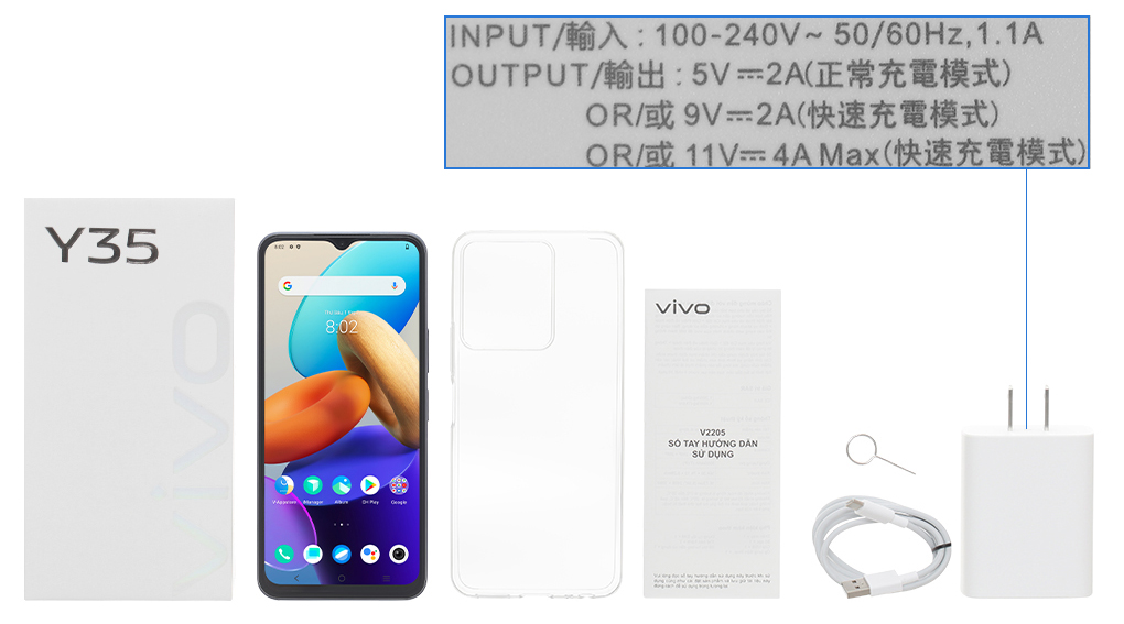 Bộ sản phẩm gồm: Hộp, Sách hướng dẫn, Cây lấy sim, Ốp lưng, Cáp Type C, Củ sạc nhanh rời đầu Type A