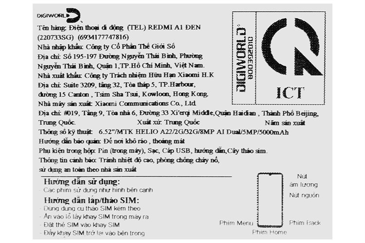 Điện thoại Xiaomi Redmi A1 Màu Đen