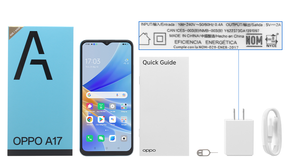 Bộ sản phẩm gồm: Hộp, Sách hướng dẫn, Cây lấy sim, Ốp lưng, Cáp microUSB, Củ sạc nhanh rời đầu Type A