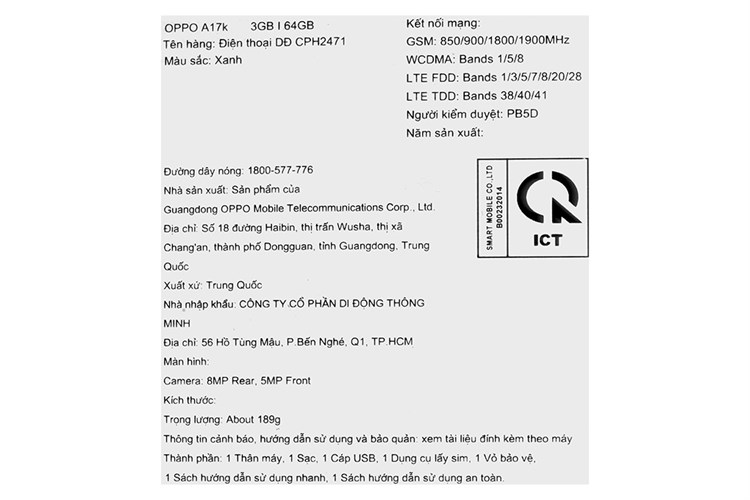 Điện thoại OPPO A17K 3GB/64GB Màu Xanh Dương