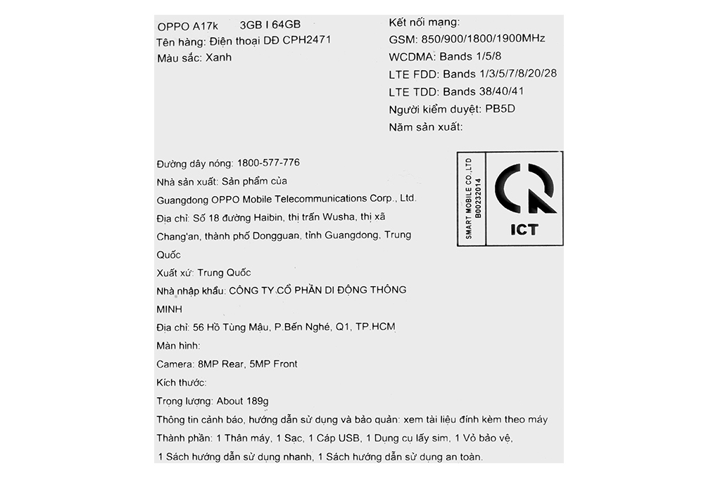 Điện thoại OPPO A17K 3GB/64GB Màu Xanh Dương