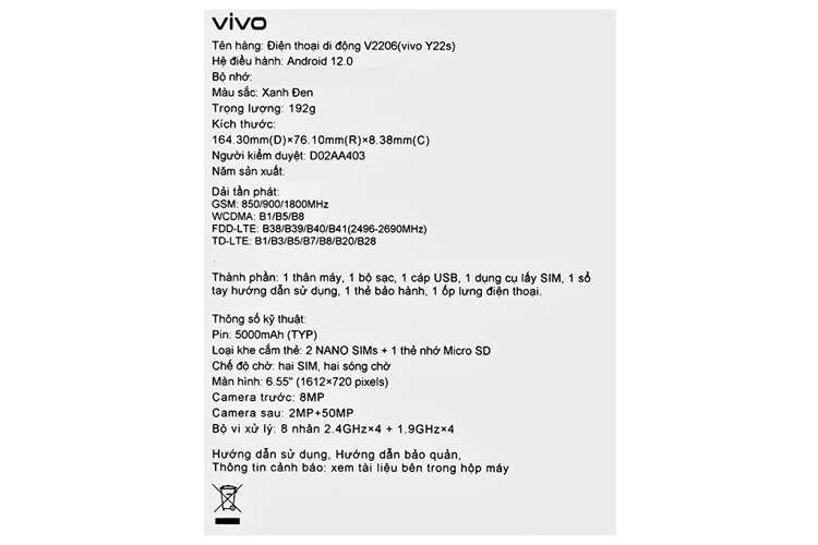 Điện thoại vivo Y22s 4GB Màu Xanh đen