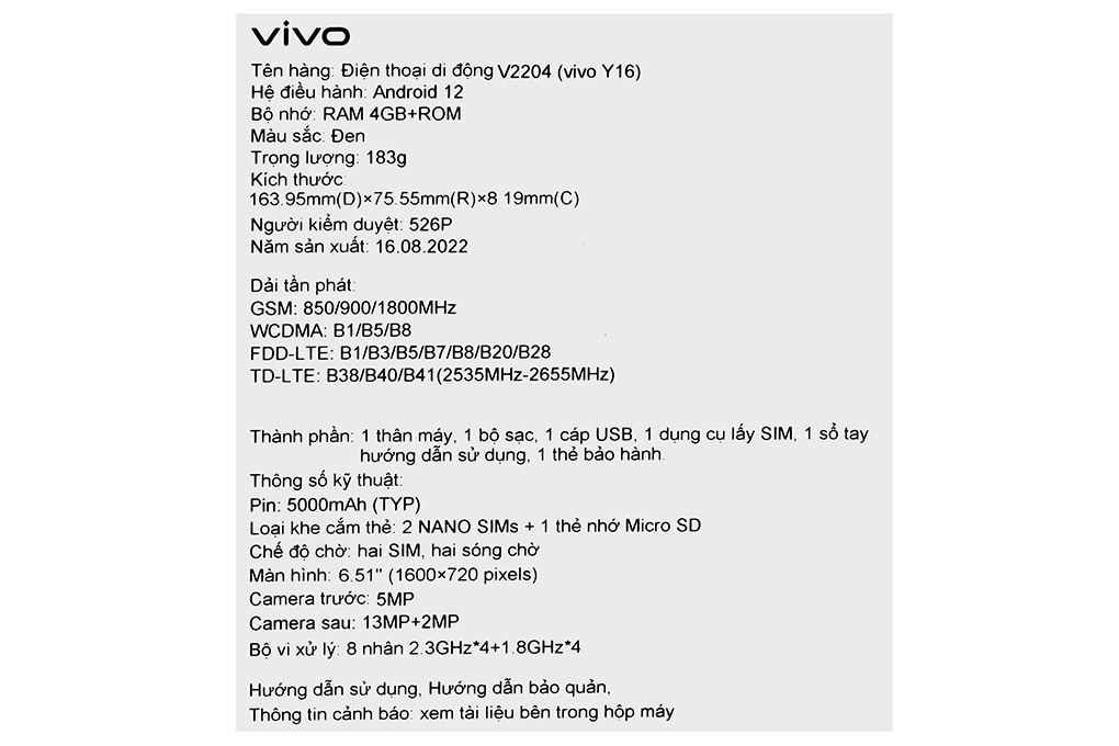 Điện thoại vivo Y16 64GB Màu Đen