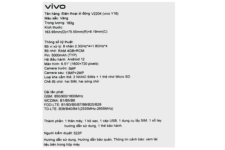 Điện thoại vivo Y16 64GB Màu Vàng