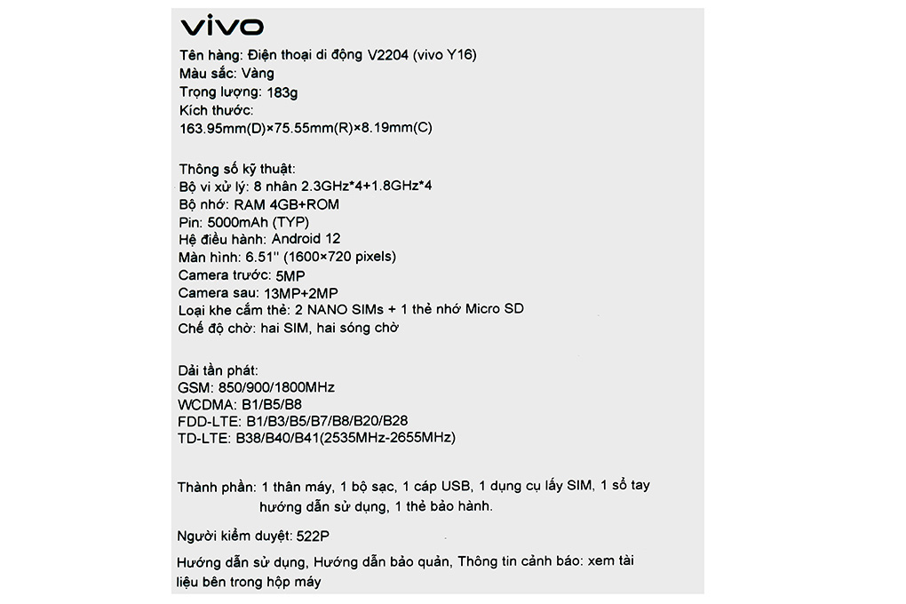 Điện thoại vivo Y16 64GB Màu Vàng