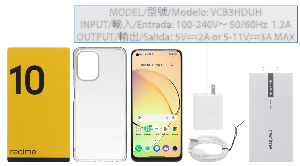 Bộ sản phẩm gồm: Hộp, Sách hướng dẫn, Cây lấy sim, Ốp lưng, Cáp Type C, Củ sạc rời đầu Type A